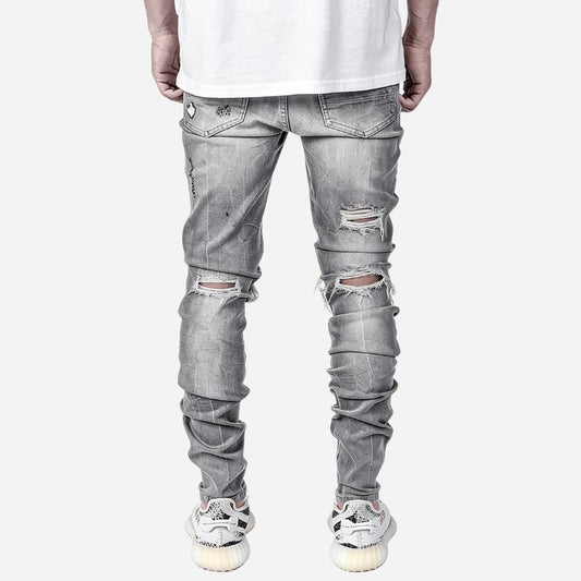 Men’s Distressed Slim Fit Ripped Denim Tapered Jeans Streetwear, back view