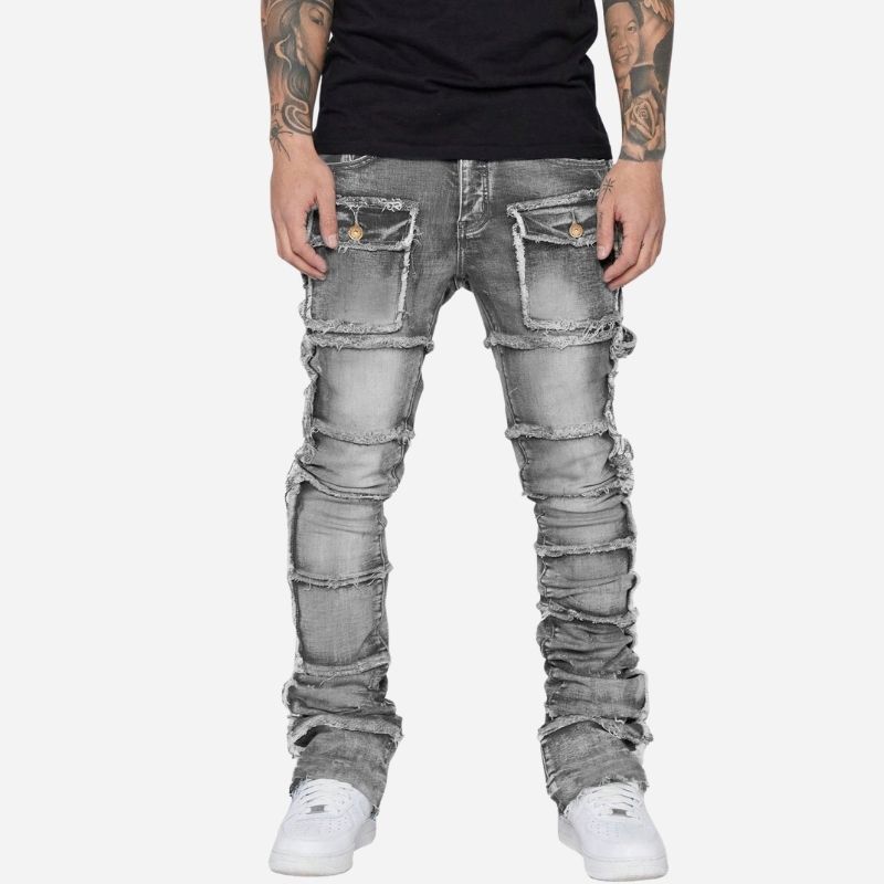 men's distressed stacked jeans slim fit washed streetwear denim pants