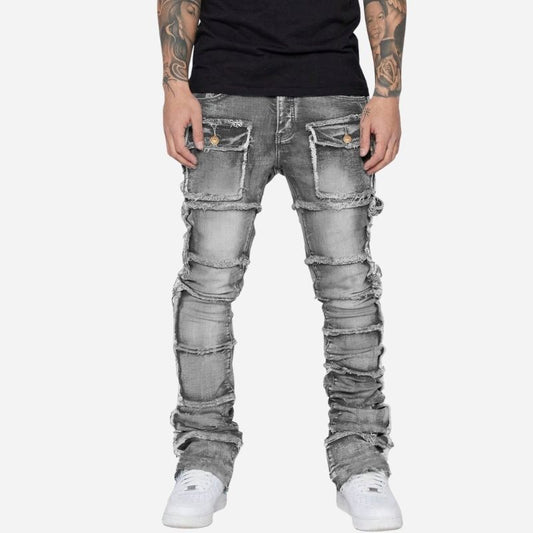 men's distressed stacked jeans slim fit washed streetwear denim pants