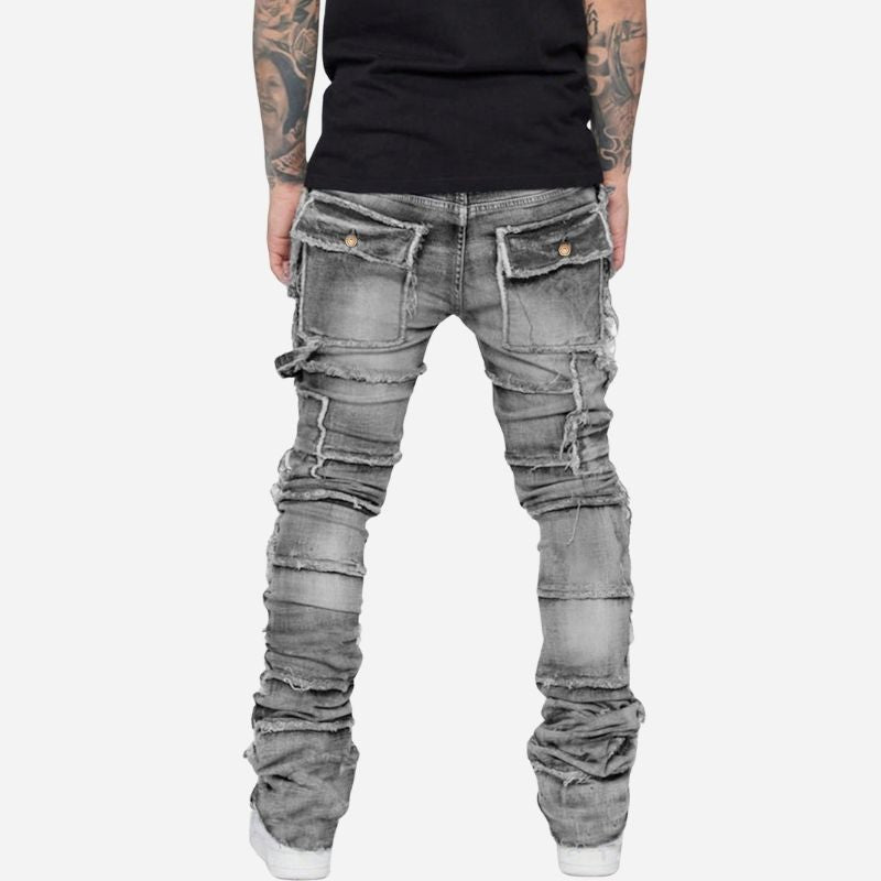 men's distressed stacked jeans in grey, back view