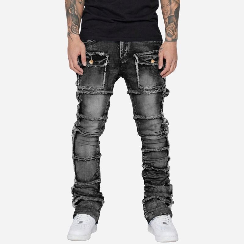 men's distressed stacked jeans in black, front view