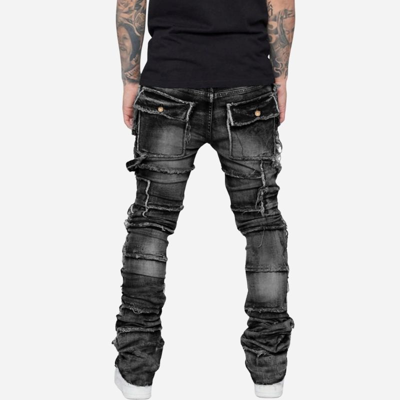 men's distressed stacked jeans in black, back view