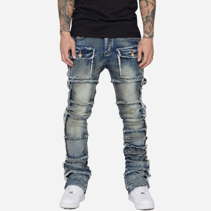 men's distressed stacked jeans in blue, front view