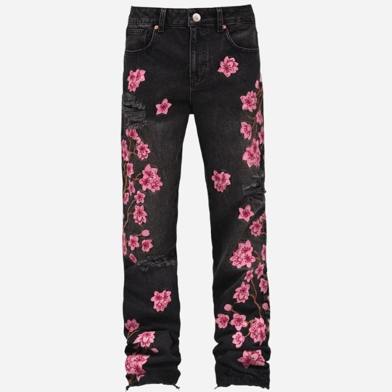 Men's graphic floral embroidered straight leg denim jeans in black