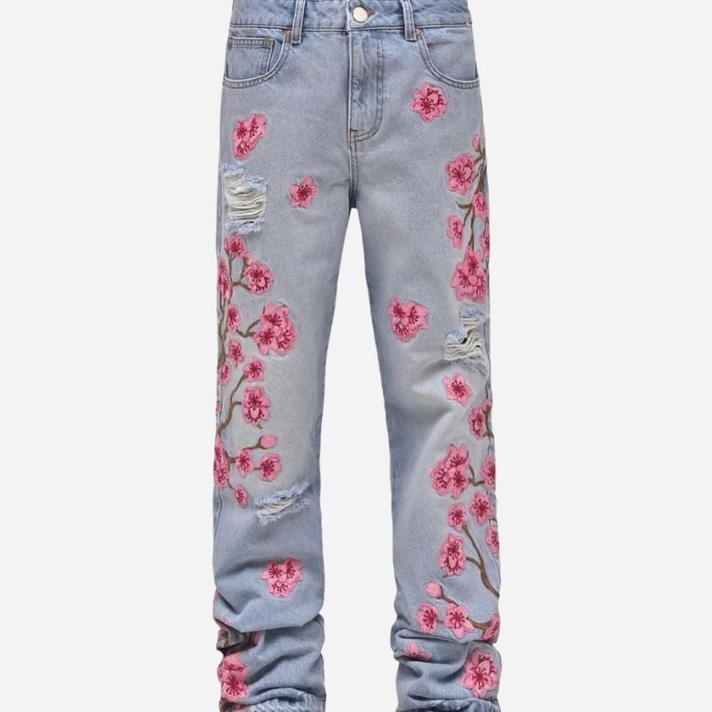 Men's graphic floral embroidered distressed straight leg denim jeans in light blue