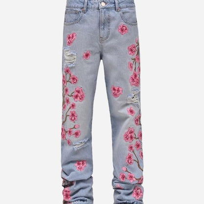 Men's graphic floral embroidered distressed straight leg denim jeans in light blue