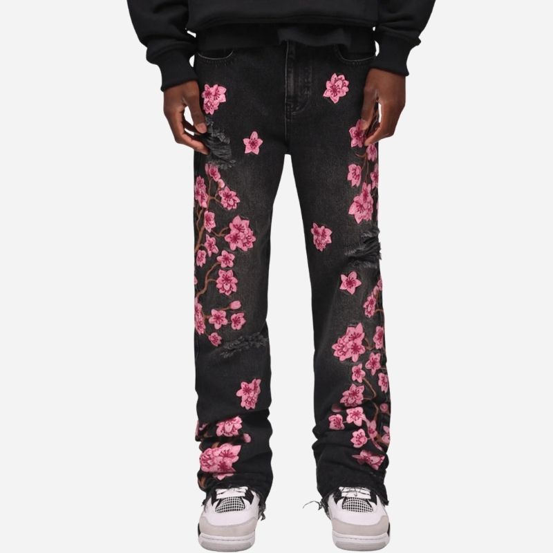 Men's graphic floral embroidered distressed straight leg denim jeans in black