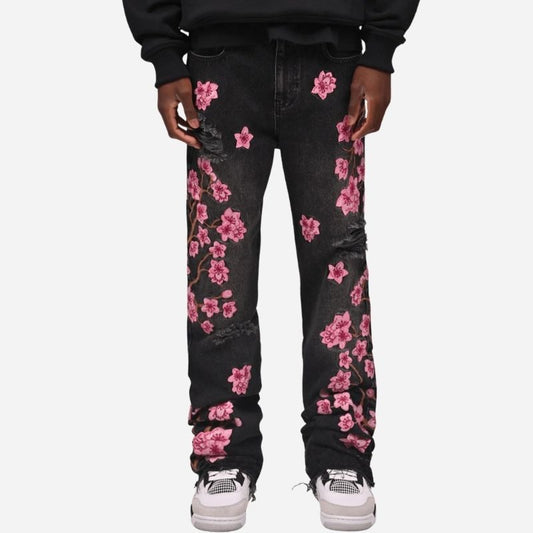 Men's graphic floral embroidered distressed straight leg denim jeans in black