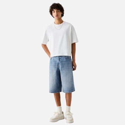 Men's Jean Shorts Classic Relaxed Fit Denim Pants in blue, front view