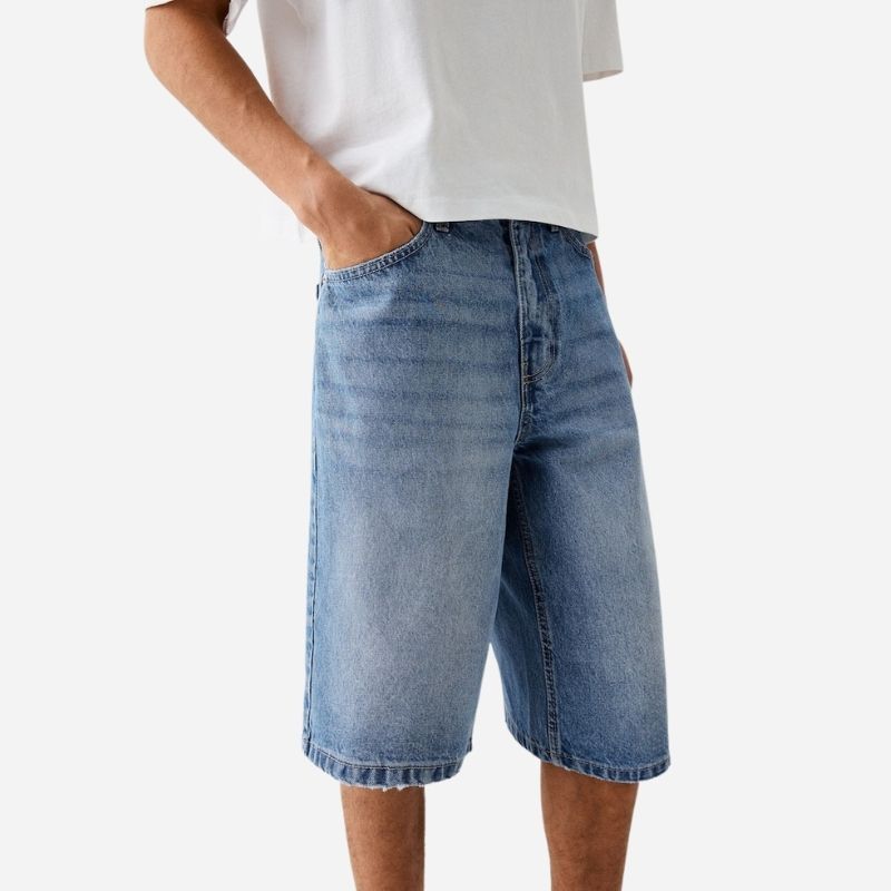 Men's Jean Shorts Classic Relaxed Fit Denim Pants in blue, side view