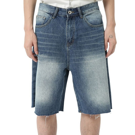 Men's Jeans Shorts Raw Trim Baggy Straight Leg Stretch Denim Jean Jorts