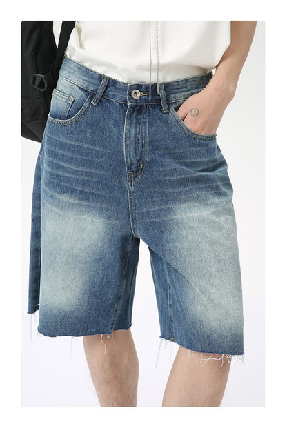 Men's Jeans Shorts Raw Trim Baggy Straight Leg Stretch Denim Jean Jorts