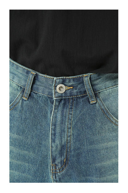 Men's Jeans Shorts Raw Trim Baggy Straight Leg Stretch Denim Jean Jorts