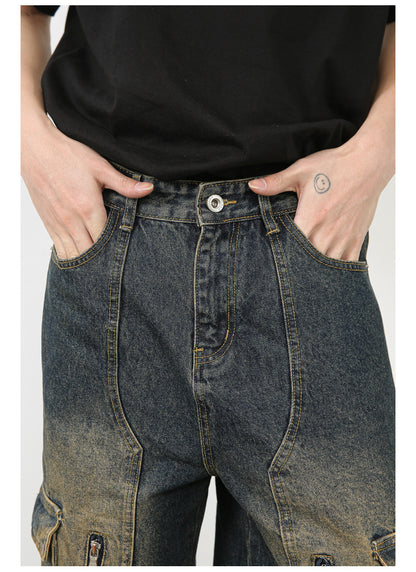 Men’s Multi-Pocket Cargo Jeans Y2K Streetwear Baggy Wide Leg Denim Trousers