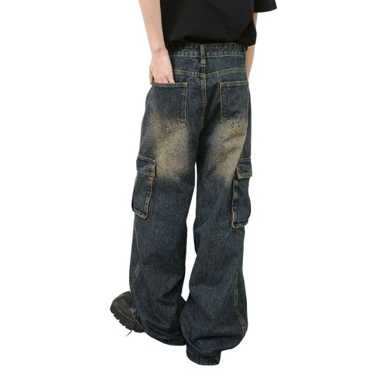 Men’s Multi-Pocket Cargo Jeans Y2K Streetwear Baggy Wide Leg Denim Trousers