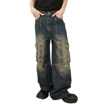 Men’s Multi-Pocket Cargo Jeans Y2K Streetwear Baggy Wide Leg Denim Trousers
