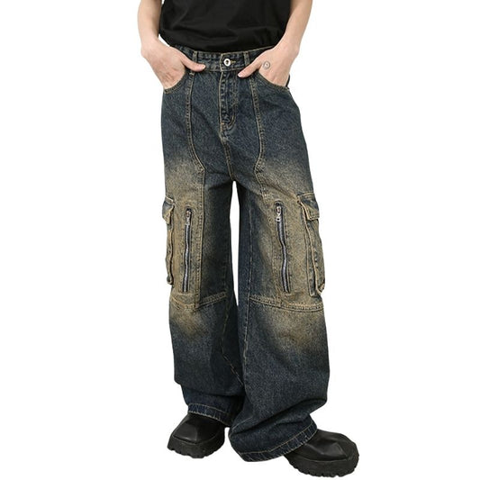Men’s Multi-Pocket Cargo Jeans Y2K Streetwear Baggy Wide Leg Denim Trousers
