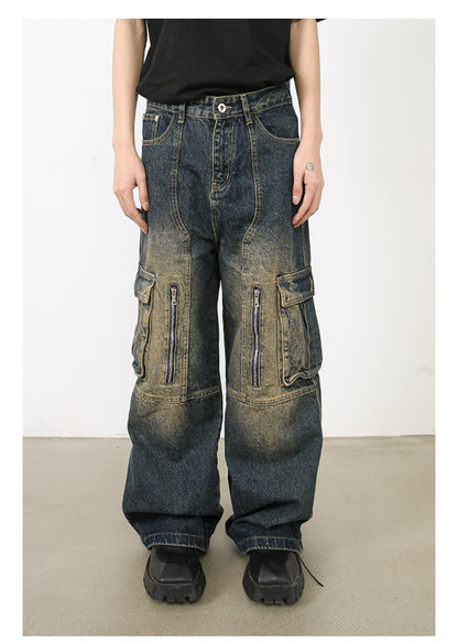 Men’s Multi-Pocket Cargo Jeans Y2K Streetwear Baggy Wide Leg Denim Trousers
