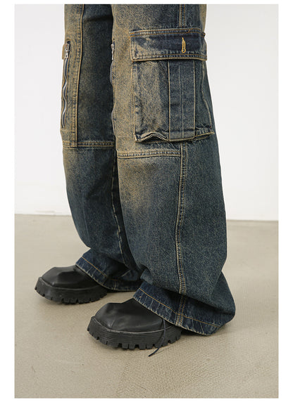 Men’s Multi-Pocket Cargo Jeans Y2K Streetwear Baggy Wide Leg Denim Trousers