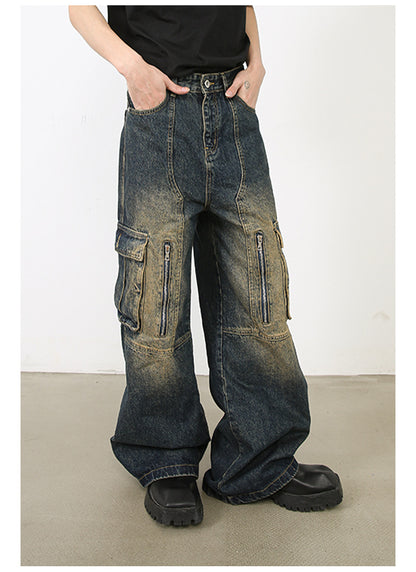 Men’s Multi-Pocket Cargo Jeans Y2K Streetwear Baggy Wide Leg Denim Trousers