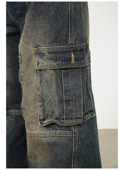 Men’s Multi-Pocket Cargo Jeans Y2K Streetwear Baggy Wide Leg Denim Trousers