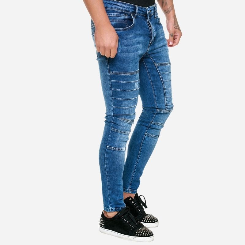 Men's panel moto jeans biker style tapered leg denim pants in navy