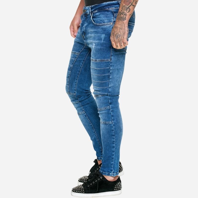 Men's panel moto jeans biker style tapered leg denim pants, side view