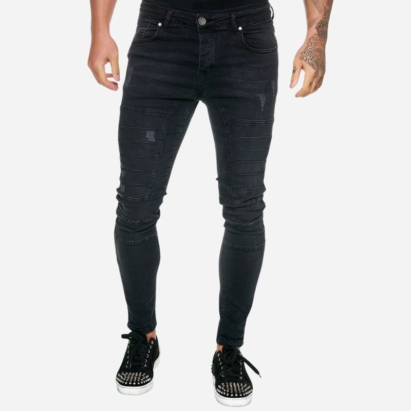 Men's panel moto jeans biker style tapered leg denim pants in black, front view