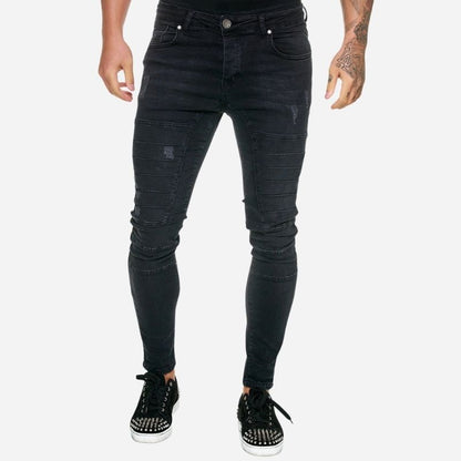 Men's panel moto jeans biker style tapered leg denim pants in black, front view