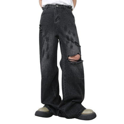 Men's Ripped Jeans Relaxed Fit Straight Leg Y2K Denim Pants Hip Hop Trousers