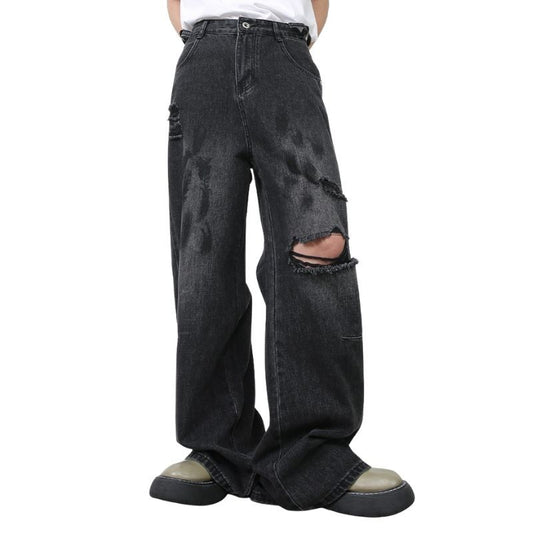 Men's Ripped Jeans Relaxed Fit Straight Leg Y2K Denim Pants Hip Hop Trousers