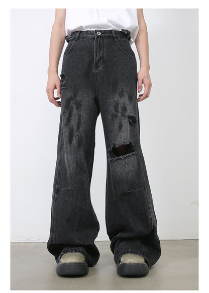Men's Ripped Jeans Relaxed Fit Straight Leg Y2K Denim Pants Hip Hop Trousers