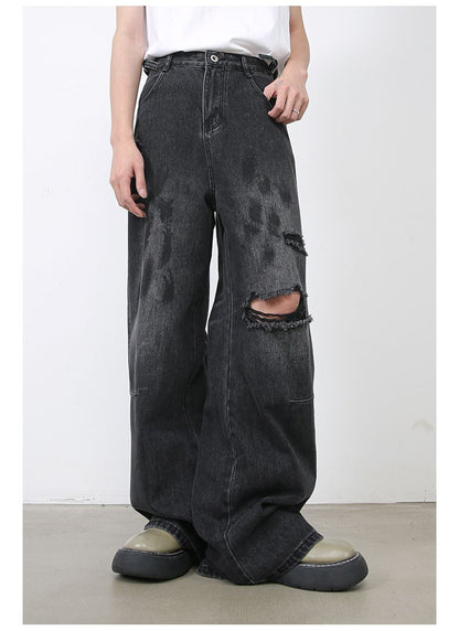 Men's Ripped Jeans Relaxed Fit Straight Leg Y2K Denim Pants Hip Hop Trousers
