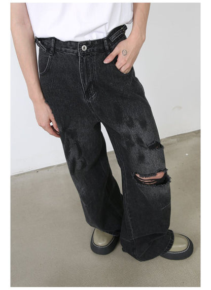 Men's Ripped Jeans Relaxed Fit Straight Leg Y2K Denim Pants Hip Hop Trousers