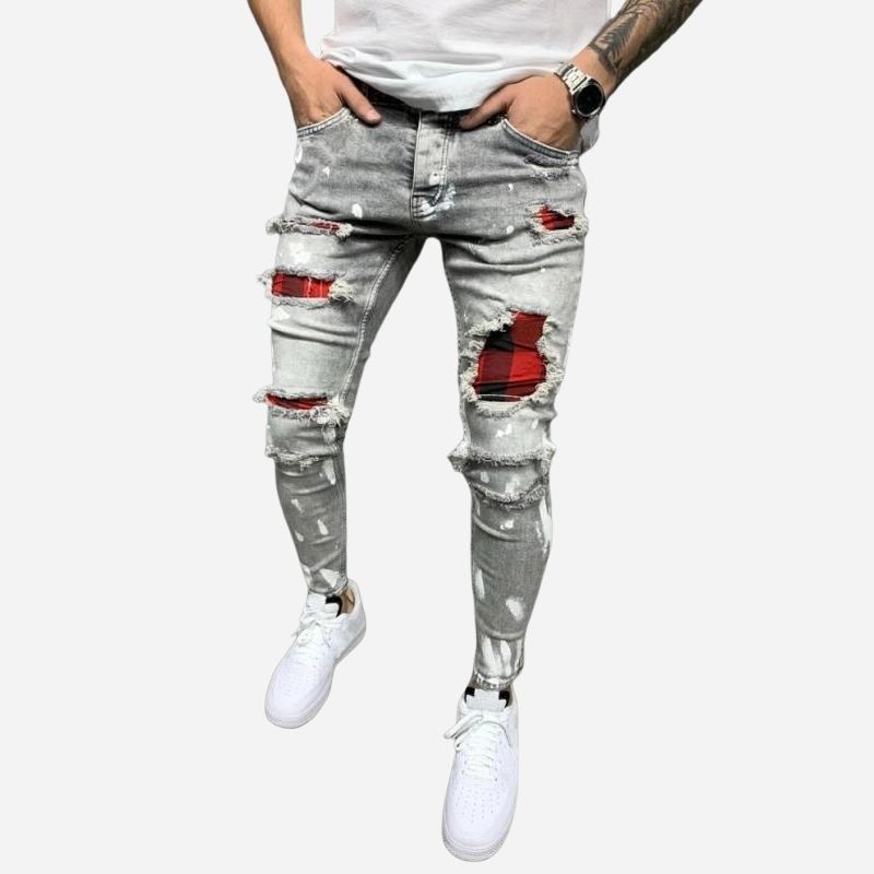 Men's ripped slim fit skinny jeans red patch distressed denim in grey