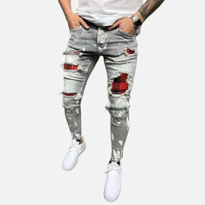 Men's ripped slim fit skinny jeans red patch distressed denim in grey