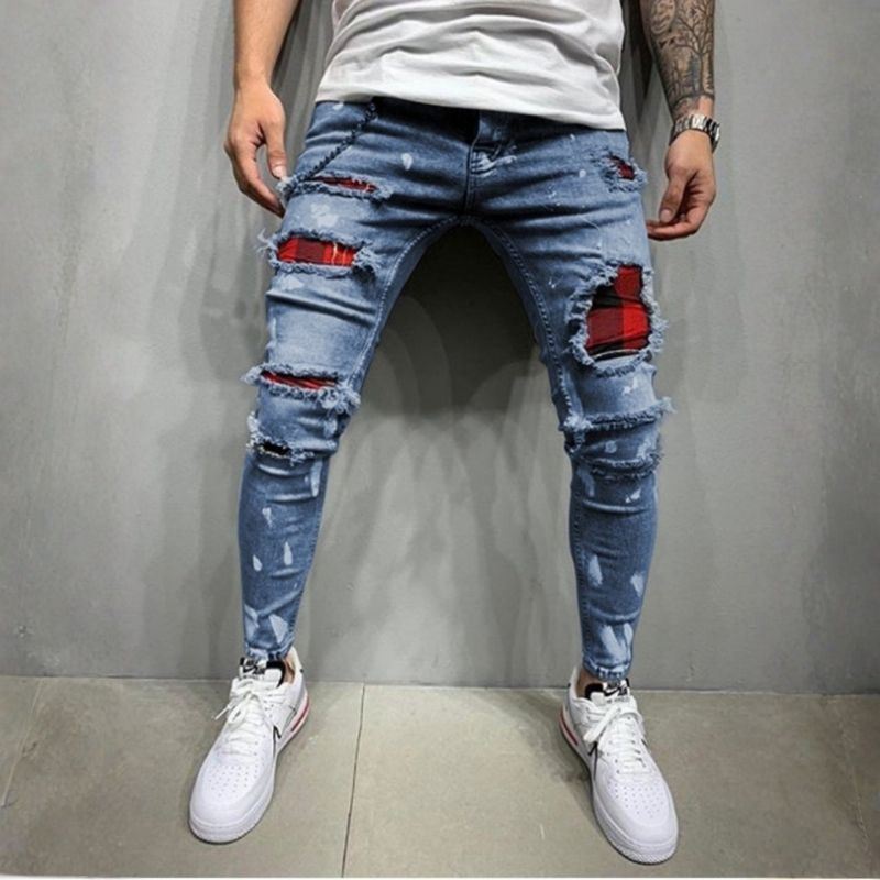 Men's ripped slim fit skinny jeans red patch distressed denim in navy