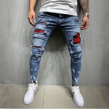 Men's ripped slim fit skinny jeans red patch distressed denim in navy