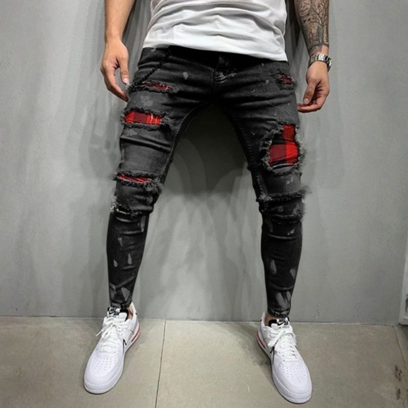 Men's ripped slim fit skinny jeans red patch distressed denim in black