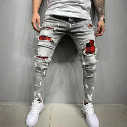 Men's ripped skinny jeans red patch distressed denim in grey