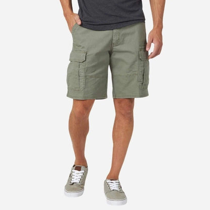 men's multi pocket outdoor ripstop cargo shorts in green, front view