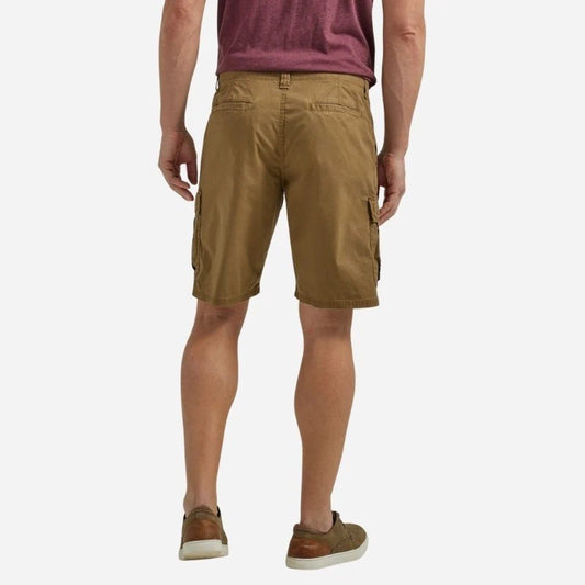 men's multi pocket outdoor ripstop cargo shorts in khaki, back view