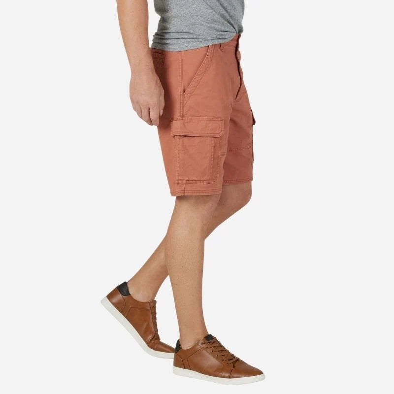 men's multi pocket outdoor ripstop cargo shorts in orange, side view