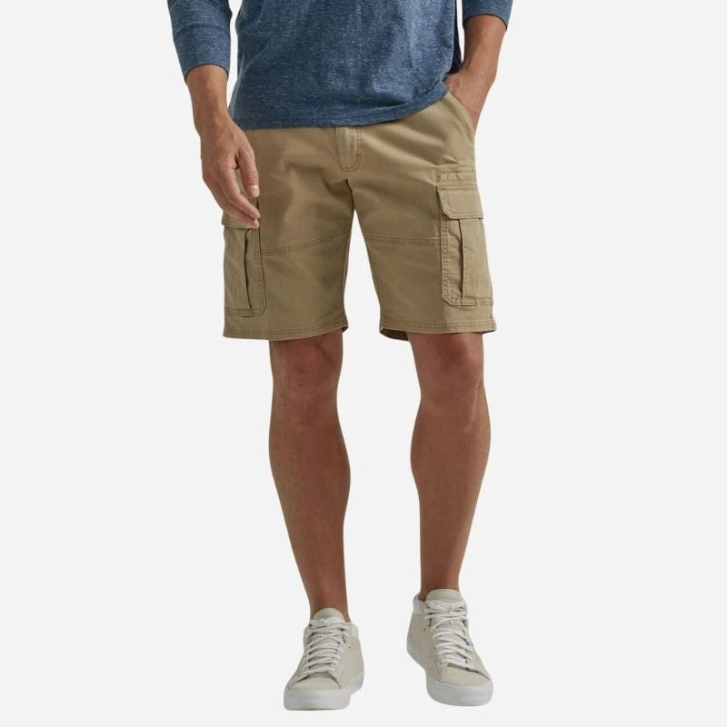 men's multi pocket outdoor ripstop cargo shorts in beige, front view