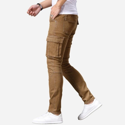 men's slim fit cargo jeans stretch denim pants in khaki, side view
