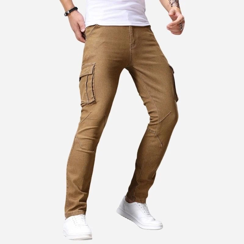 men's slim fit cargo jeans stretch denim pants in khaki