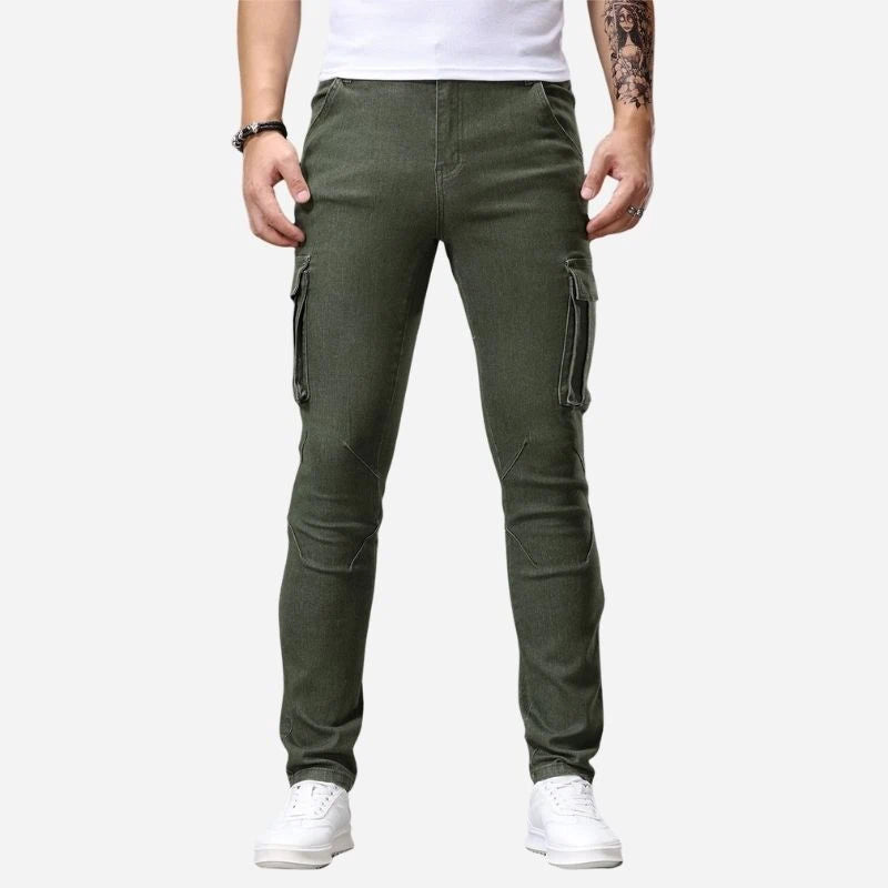 men's slim fit cargo jeans stretch denim pants in army green, front view