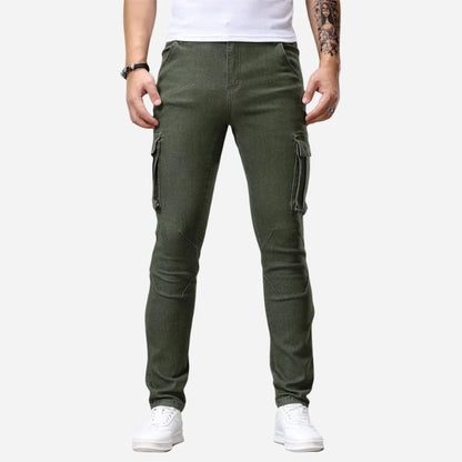 men's slim fit cargo jeans stretch denim pants in army green, front view