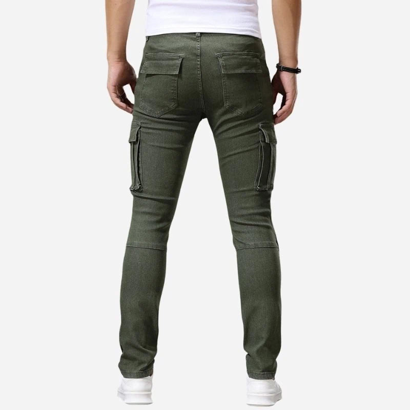 men's slim fit cargo jeans stretch denim pants in army green, back view