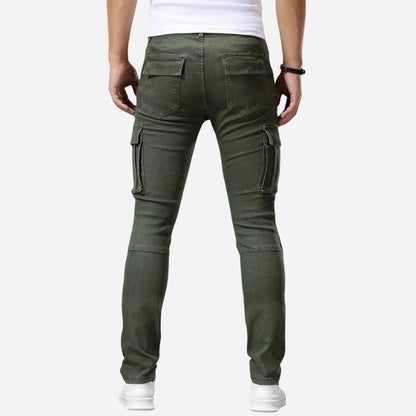 men's slim fit cargo jeans stretch denim pants in army green, back view